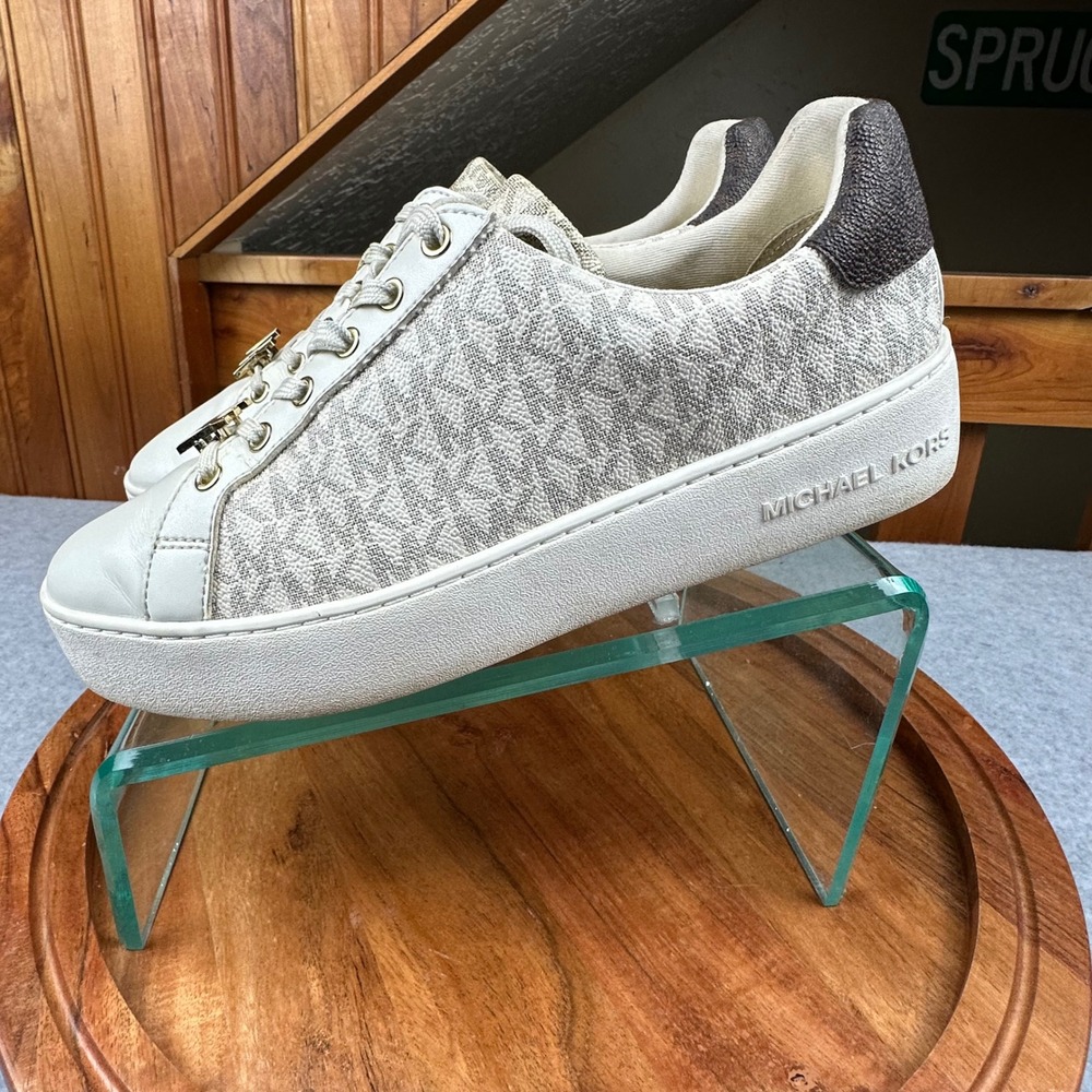 Michael Kors Poppy Platform Sneakers Cream Gold Logo Lace Up Shoes Women 8.5 - Picture 5 of 10